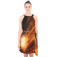 Star Sky Graphic Night Background Halter Collar Waist Tie Chiffon Dress