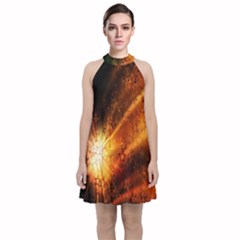 Star Sky Graphic Night Background Velvet Halter Neckline Dress 