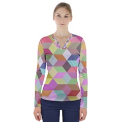 Mosaic Background Cube Pattern V-neck Long Sleeve Top