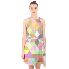 Mosaic Background Cube Pattern Halter Collar Waist Tie Chiffon Dress