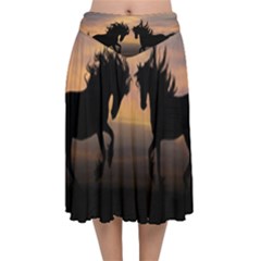 Horses Sunset Photoshop Graphics Velvet Flared Midi Skirt