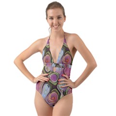 Retro Background Colorful Hippie Halter Cut-Out One Piece Swimsuit