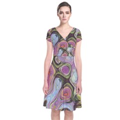 Retro Background Colorful Hippie Short Sleeve Front Wrap Dress