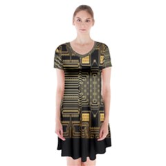 Board Digitization Circuits Short Sleeve V-neck Flare Dress by Sapixe