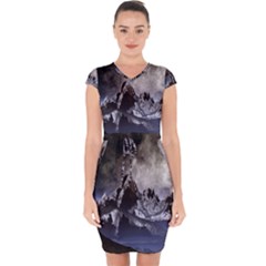 Mountains Moon Earth Space Capsleeve Drawstring Dress 