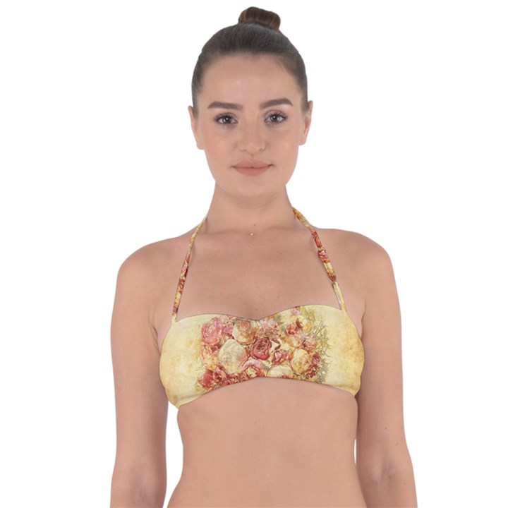Vintage Digital Graphics Flower Halter Bandeau Bikini Top