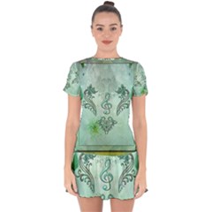 Music, Decorative Clef With Floral Elements Drop Hem Mini Chiffon Dress by FantasyWorld7