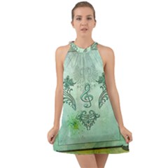 Music, Decorative Clef With Floral Elements Halter Tie Back Chiffon Dress by FantasyWorld7