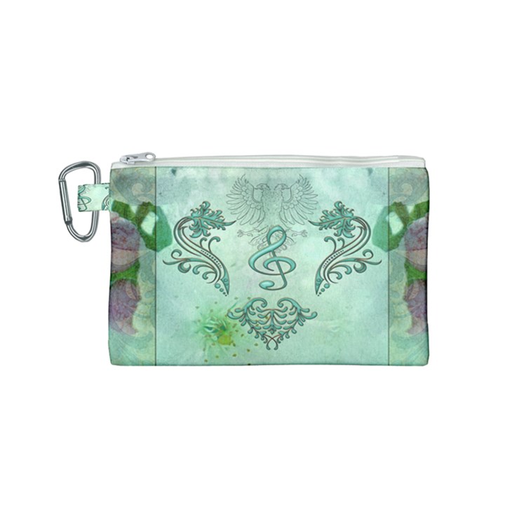 Music, Decorative Clef With Floral Elements Canvas Cosmetic Bag (Small)