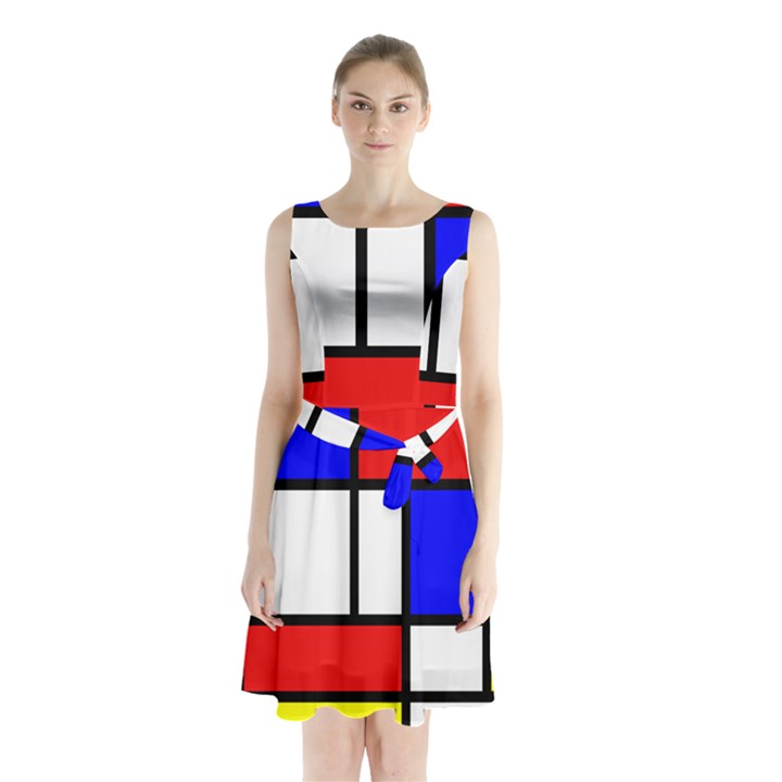 Piet Mondrian Mondriaan Style Sleeveless Waist Tie Chiffon Dress