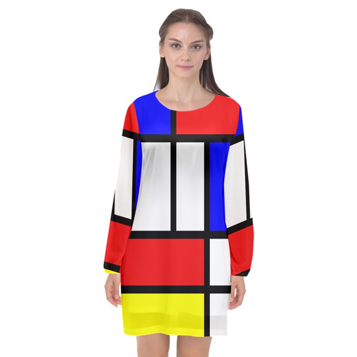 Piet Mondrian Mondriaan Style Long Sleeve Chiffon Shift Dress 