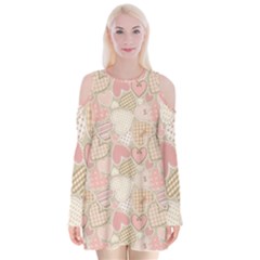 Cute Romantic Hearts Pattern Velvet Long Sleeve Shoulder Cutout Dress by yoursparklingshop