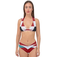 Dark Turquoise Deep Red Gray Elegant Striped Pattern Double Strap Halter Bikini Set by yoursparklingshop