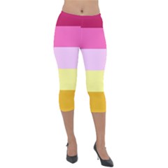 Red Orange Yellow Pink Sunny Color Combo Striped Pattern Stripes Lightweight Velour Capri Leggings  by yoursparklingshop