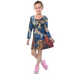 Feast Of The Rosary - Albrecht Dürer Kids  Long Sleeve Velvet Dress by Valentinaart