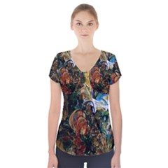 Flowers And Mirror Short Sleeve Front Detail Top by bestdesignintheworld