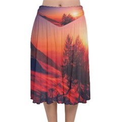 Italy Sunrise Sky Clouds Beautiful Velvet Flared Midi Skirt by Simbadda