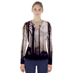 Forest Fog Hirsch Wild Boars V-neck Long Sleeve Top by Simbadda