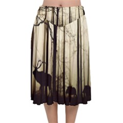 Forest Fog Hirsch Wild Boars Velvet Flared Midi Skirt by Simbadda