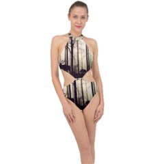 Forest Fog Hirsch Wild Boars Halter Side Cut Swimsuit by Simbadda