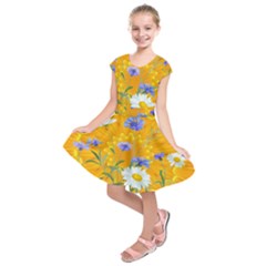 Flowers Daisy Floral Yellow Blue Kids  Short Sleeve Dress