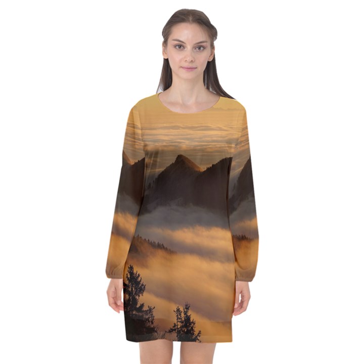 Homberg Clouds Selva Marine Long Sleeve Chiffon Shift Dress 