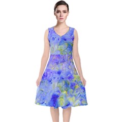 Abstract Blue Texture Pattern V-neck Midi Sleeveless Dress  by Simbadda