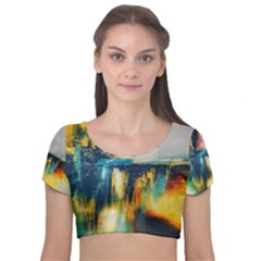 Art Painting Abstract Yangon Velvet Short Sleeve Crop Top  by Simbadda