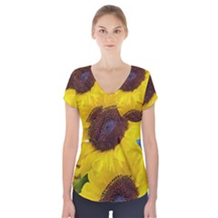 Sunflower Floral Yellow Blue Sky Flowers Photography Short Sleeve Front Detail Top by yoursparklingshop