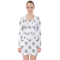 Angry Theater Mask Pattern V-neck Bodycon Long Sleeve Dress by dflcprints