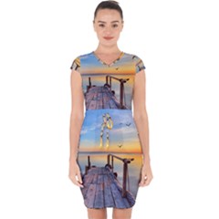 Sunset Lake Beautiful Nature Capsleeve Drawstring Dress  by Modern2018