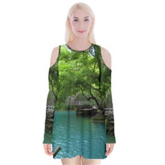 Backgrounds List Of Lake Background Beautiful Waterfalls Nature Velvet Long Sleeve Shoulder Cutout Dress by Modern2018
