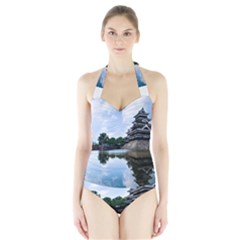 Beautiful Pagoda On Lake Nature Wallpaper Halter Swimsuit by Modern2018