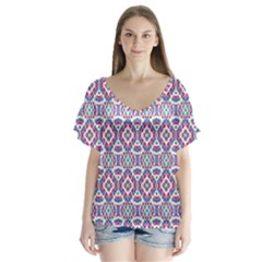 Colorful Folk Pattern V-neck Flutter Sleeve Top by dflcprints