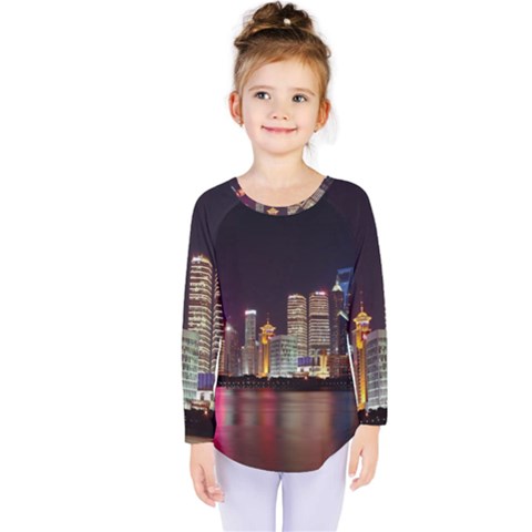 Building Skyline City Cityscape Kids  Long Sleeve Tee by Simbadda