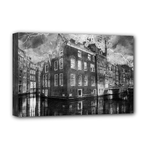 Reflection Canal Water Street Deluxe Canvas 18  X 12   by Simbadda