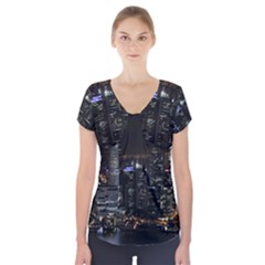 City At Night Lights Skyline Short Sleeve Front Detail Top by Simbadda