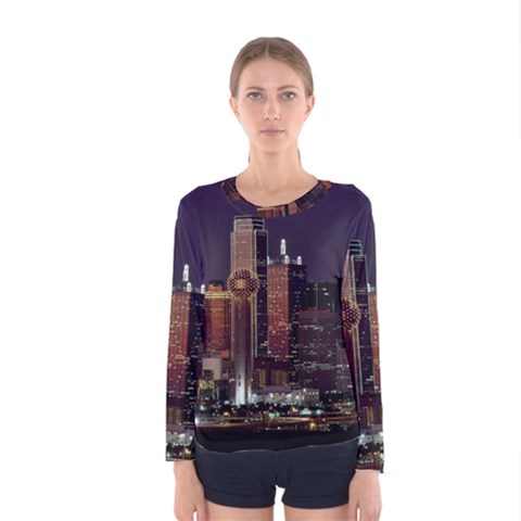 Dallas Texas Skyline Dusk Usa Women s Long Sleeve Tee by Simbadda