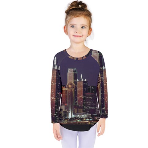 Dallas Texas Skyline Dusk Usa Kids  Long Sleeve Tee by Simbadda