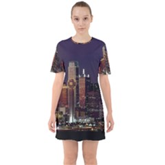 Dallas Texas Skyline Dusk Usa Sixties Short Sleeve Mini Dress by Simbadda