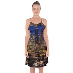 Skyline Downtown Seattle Cityscape Ruffle Detail Chiffon Dress by Simbadda