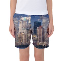 New York Skyline Manhattan Hudson Women s Basketball Shorts by Simbadda