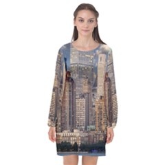 New York Skyline Manhattan Hudson Long Sleeve Chiffon Shift Dress  by Simbadda