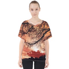 Tree Skyline Silhouette Sunset V-Neck Dolman Drape Top