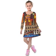 Shanghai Skyline Architecture Kids  Long Sleeve Velvet Dress by Simbadda