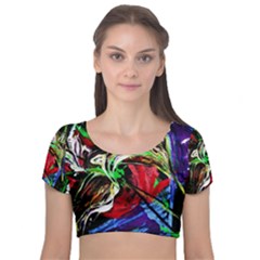 Lillies In Terracota Vase Velvet Short Sleeve Crop Top  by bestdesignintheworld