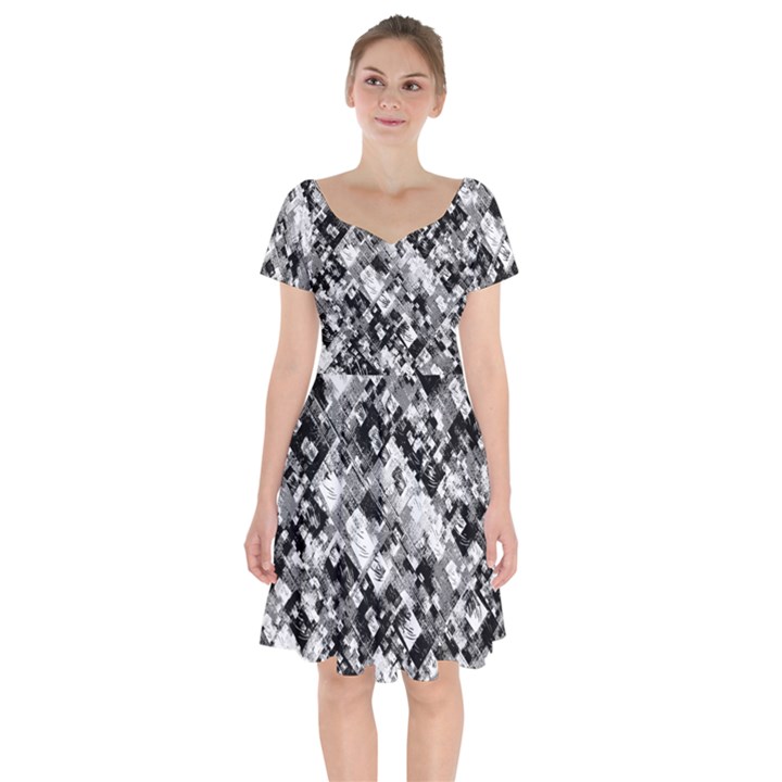 Black And White Patchwork Pattern Short Sleeve Bardot Dress