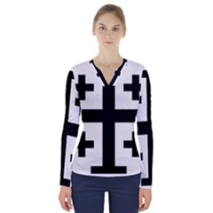 Black Jerusalem Cross  V-Neck Long Sleeve Top