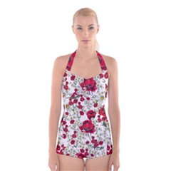 Poppy And Daisy Print Boyleg Halter Swimsuit  by CasaDiModa