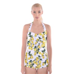 Lemons Print Boyleg Halter Swimsuit  by CasaDiModa